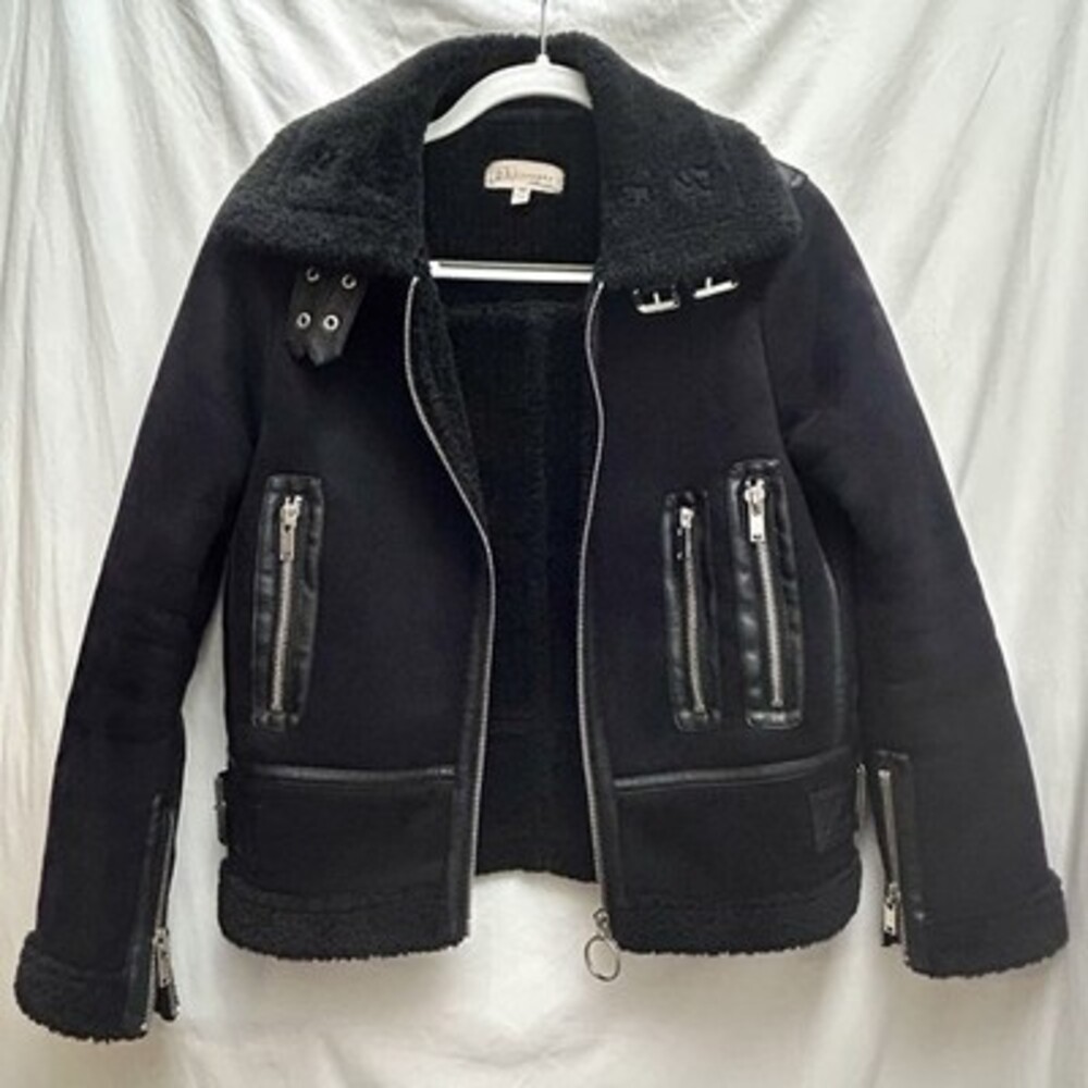 Philosophy XS Faux Shearling Moto Jacket Blk Aviator Biker Zip Buckle Coat